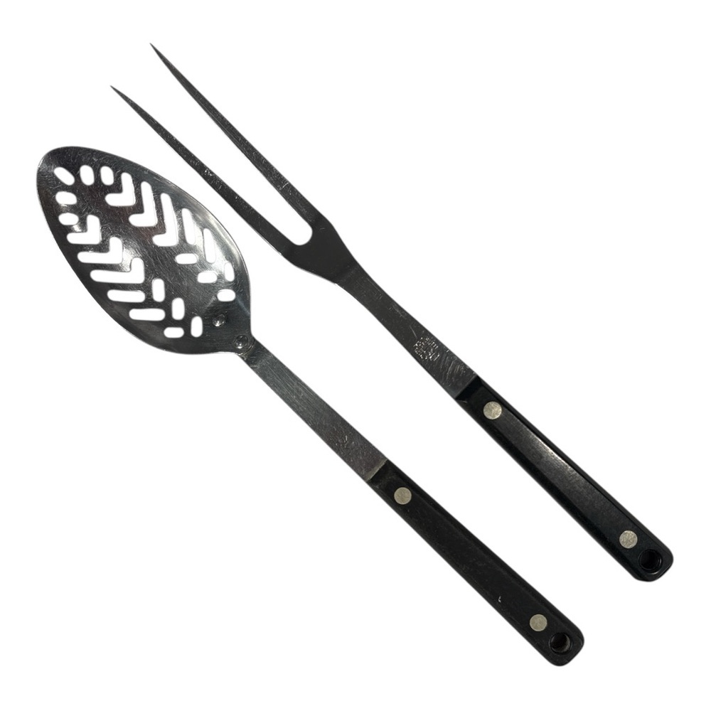Vintage EKCO Stainless Vanadium Meat Fork Slotted Spoon Cooking Utensils Black